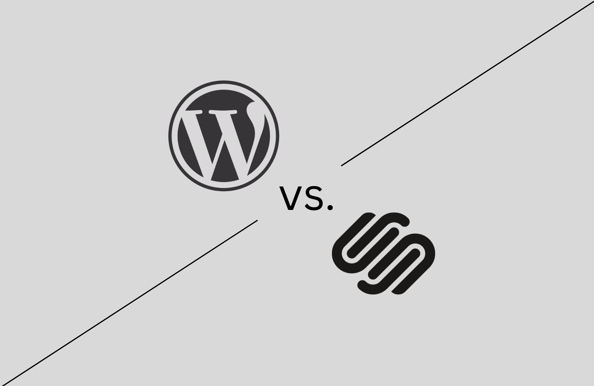 WordPress logo versus Squarespace logo side by side on a white background, separated by a diagonal line, with 'vs.' text in the center.